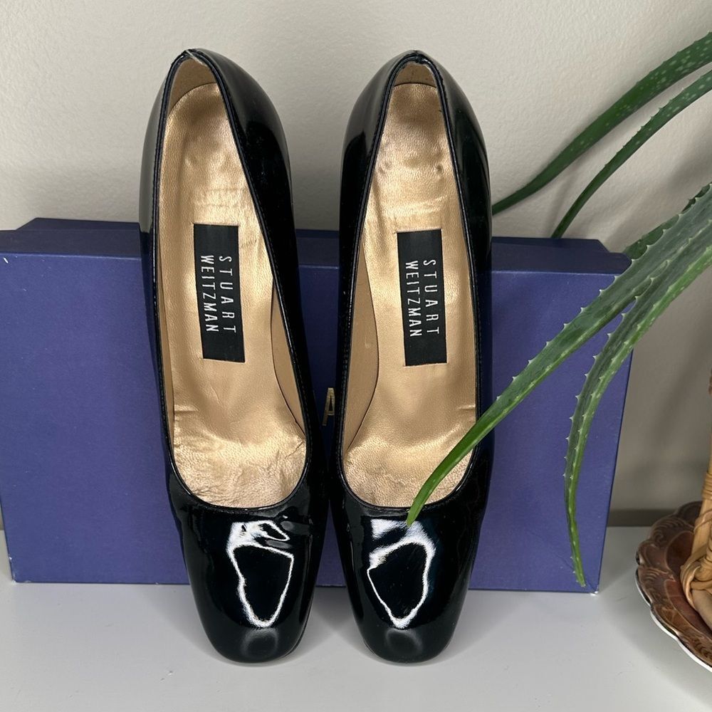 VTG Stuart Weitzman Lex Black Patent Leather Pumps 7.5 AA Block Heel Square Toe - Picture 7 of 15